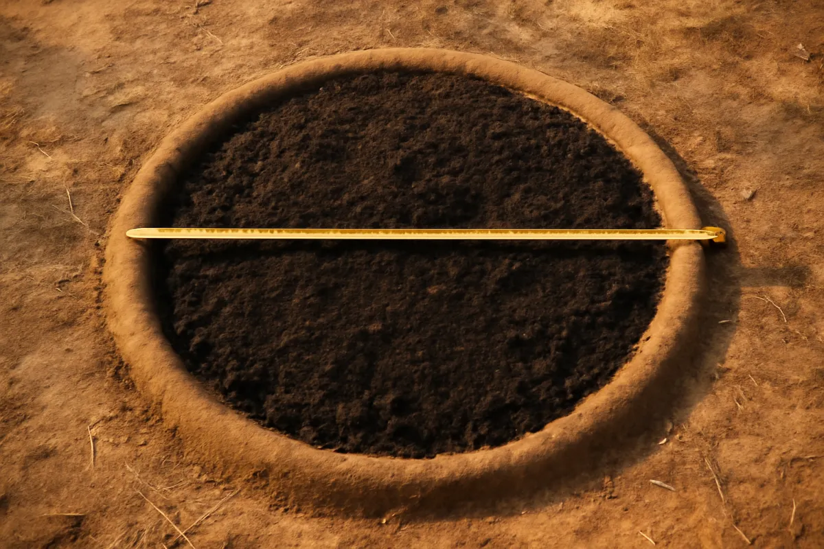 A tape measure laid across the diameter of a circular bed of dark soil cut into bare ground, seen from above