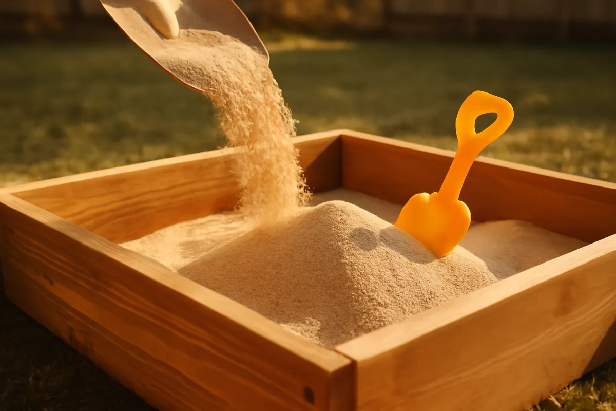 A wooden backyard sandbox being filled with clean play sand with a childs shovel resting in it