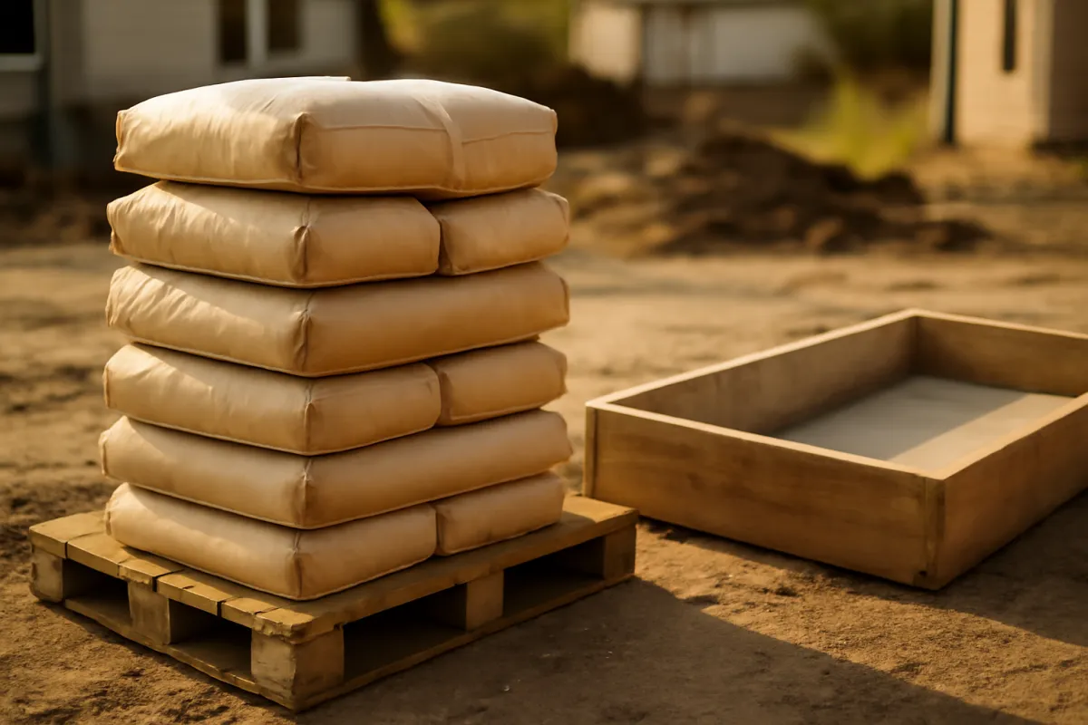 A stack of paper concrete mix bags on a pallet beside empty wooden slab forms on a residential jobsite