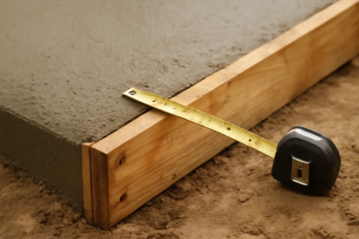 A tape measure laid across the depth of wooden concrete forms on a prepared slab area