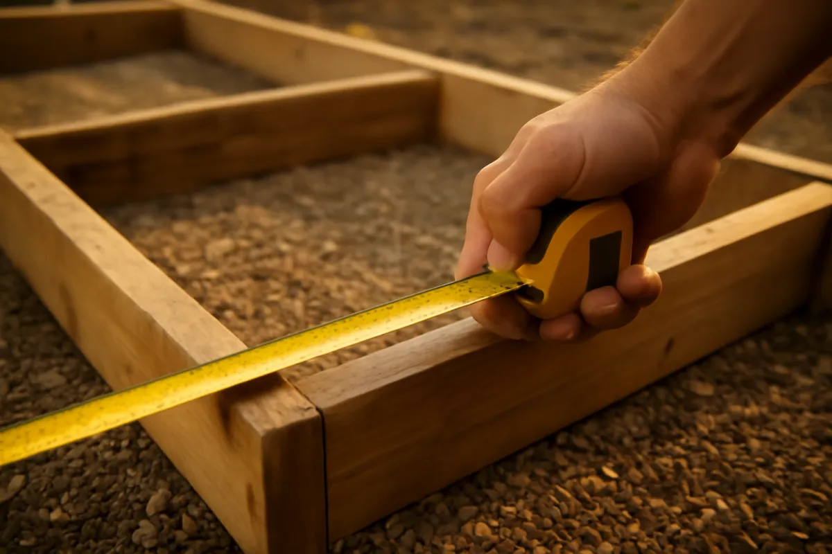 A hand holding a tape measure stretched across the width of empty wooden concrete forms on a prepared gravel base