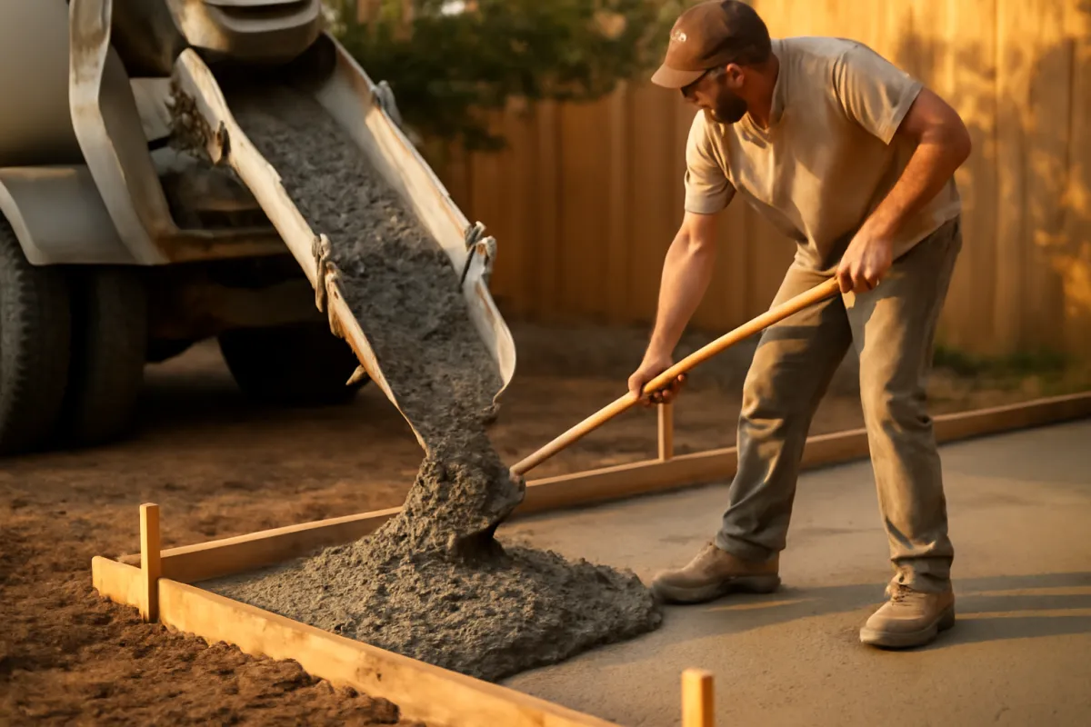 A ready-mix concrete truck chute pouring wet grey concrete into wooden forms while a worker guides the flow, the stage where most future cracks are decided