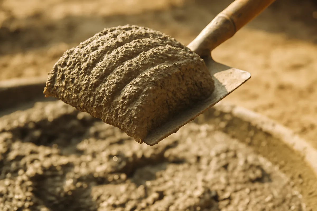 A scoop of freshly mixed plastic concrete lifted on a steel blade, holding its ridged shape without slumping, close up in daylight
