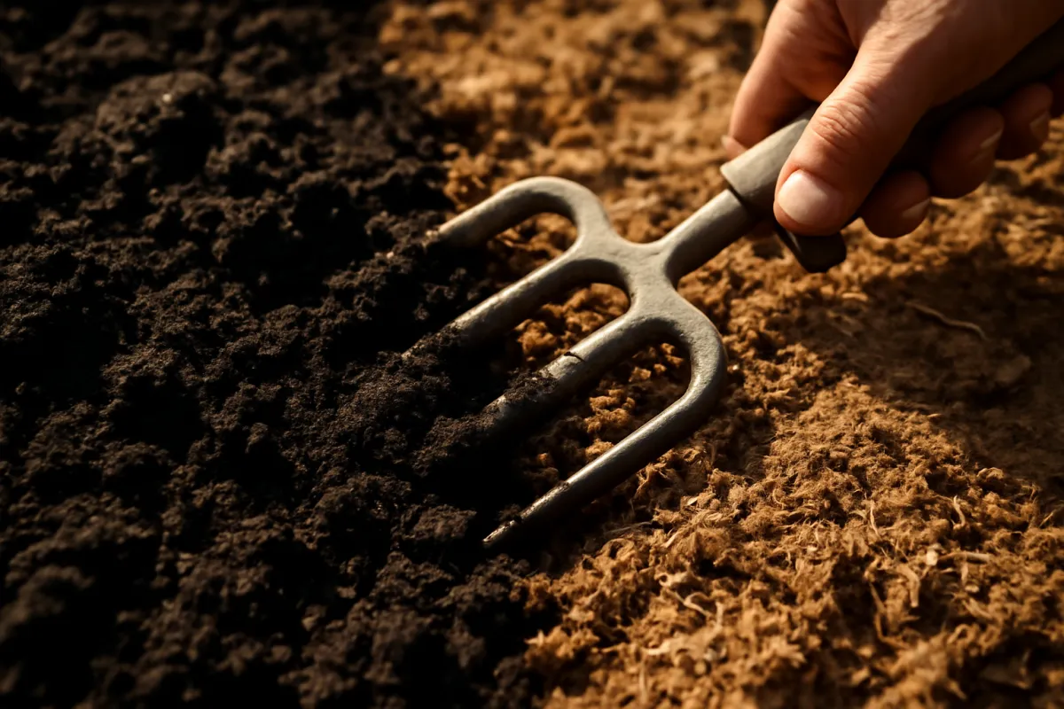 Dark topsoil being mixed with pale compost using a garden fork