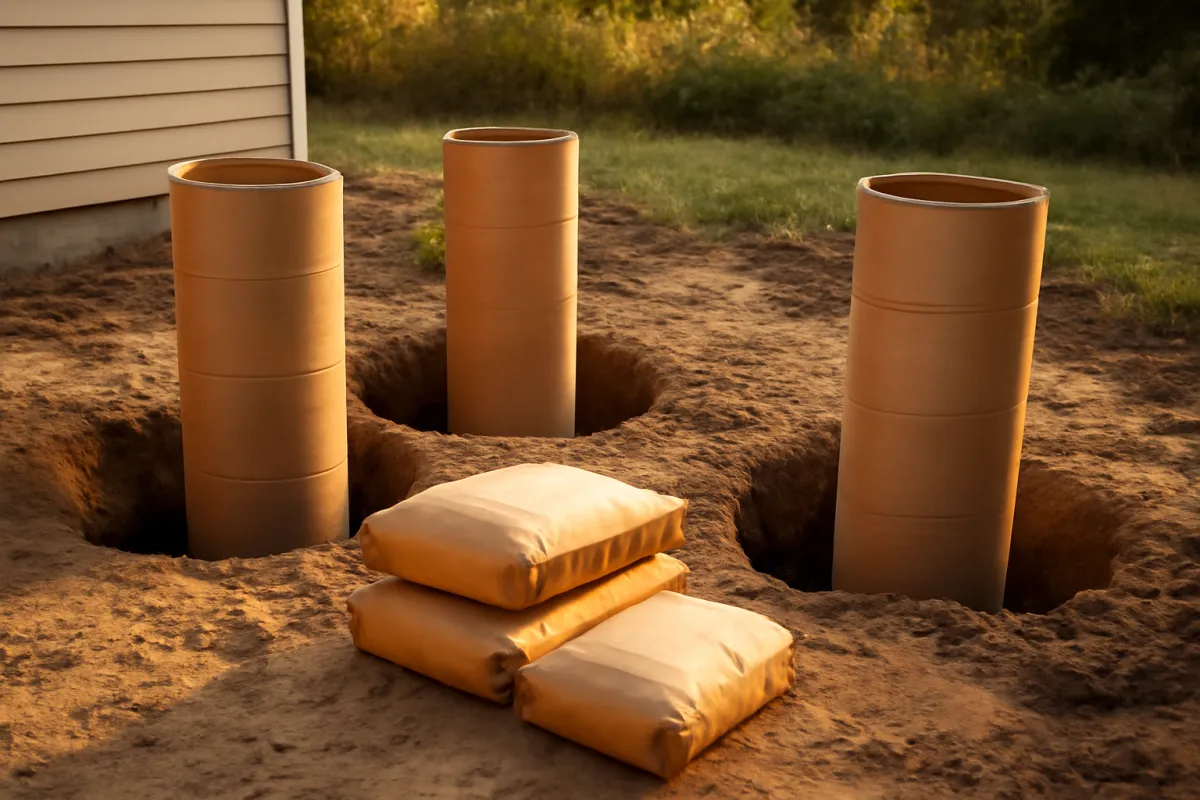 Cardboard sonotube forms standing in dug holes for deck footings with concrete bags nearby