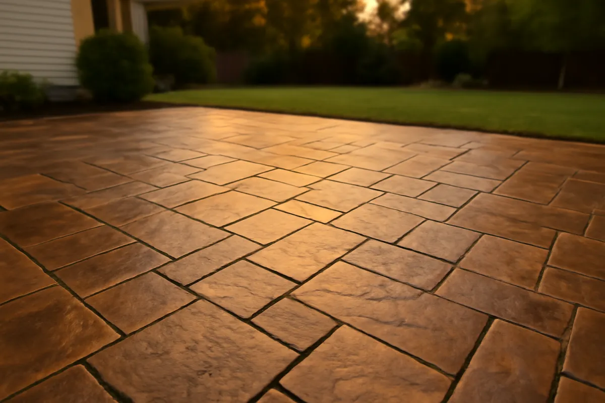 A finished stamped and colored concrete patio with a slate-textured pattern in warm earth tones catching amber light