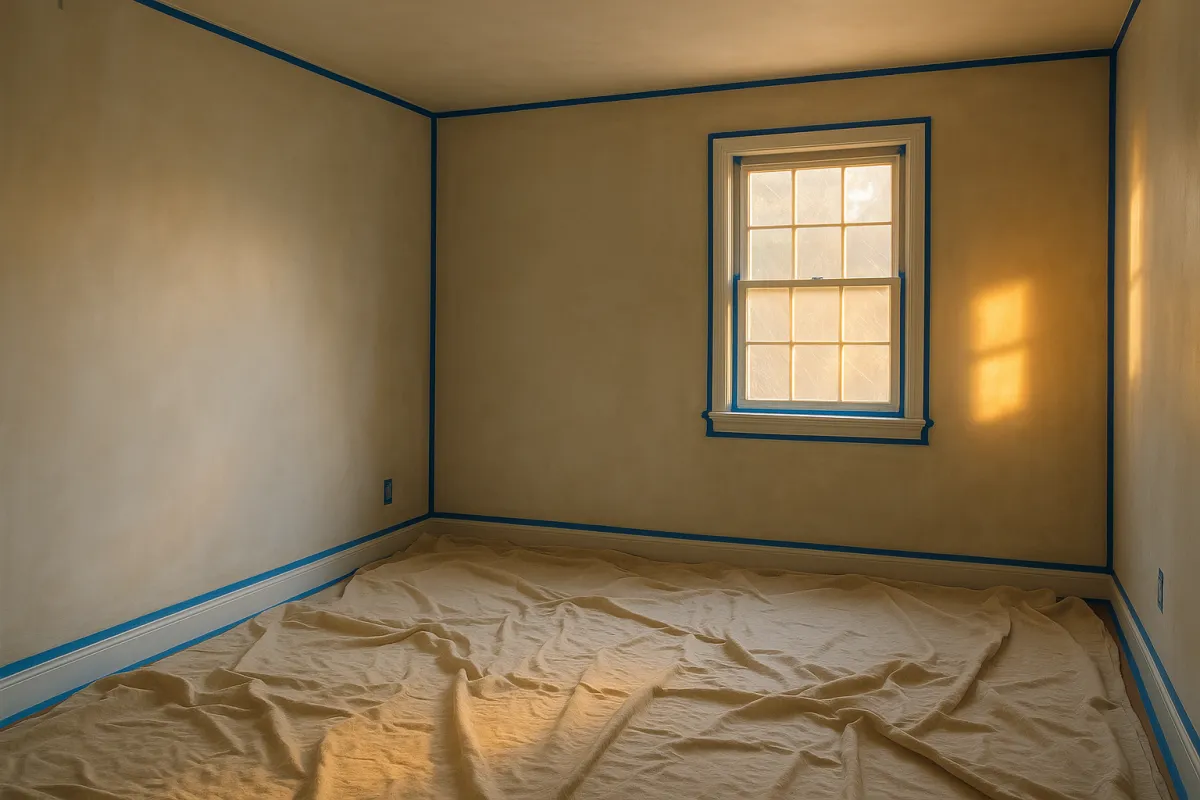 An empty room prepped for painting with tape along the trim and drop cloths on the floor