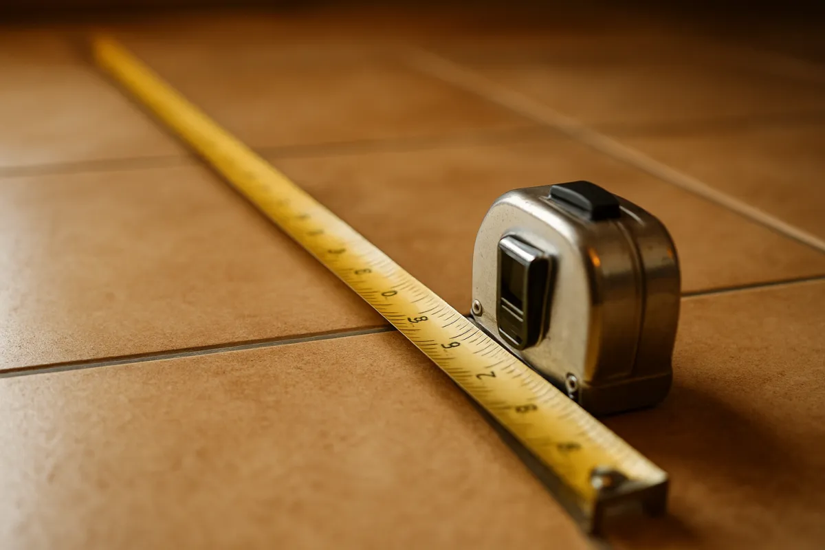 A steel tape measure extended across a tiled floor being measured for area in natural light