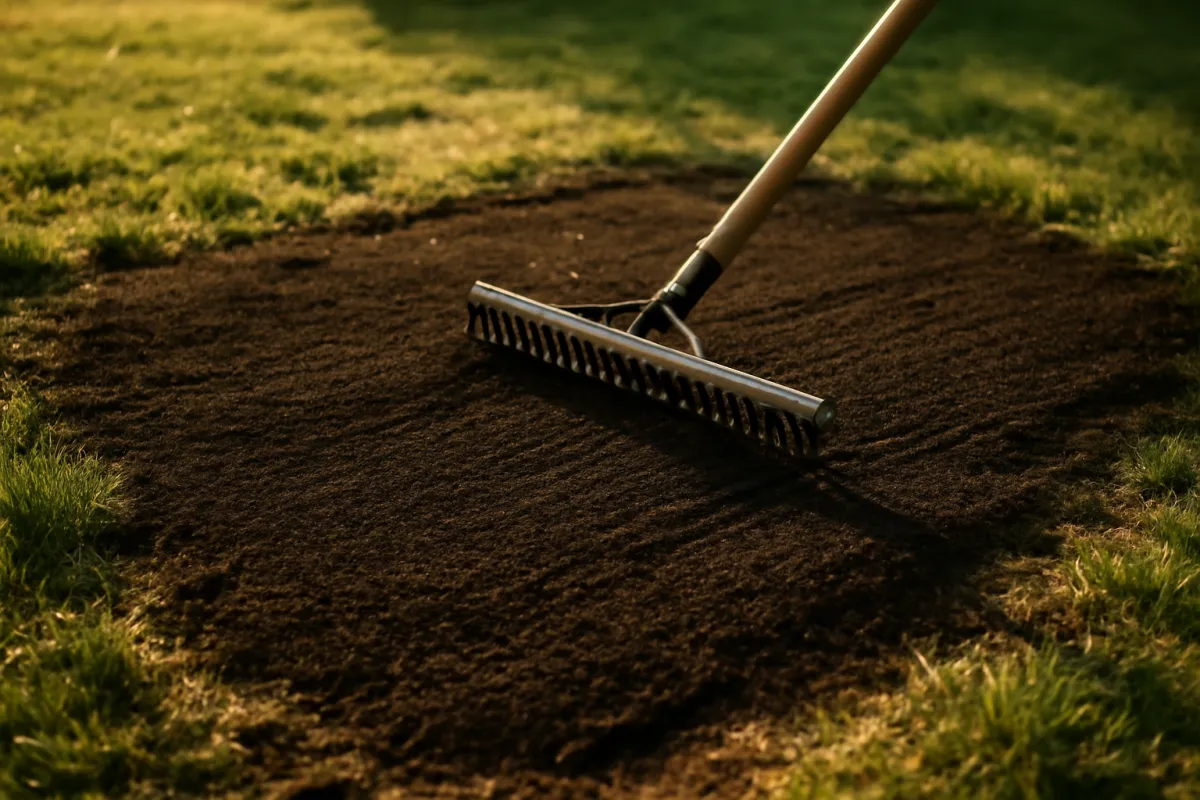 A thin even layer of topsoil being raked across a patchy lawn to fill low spots