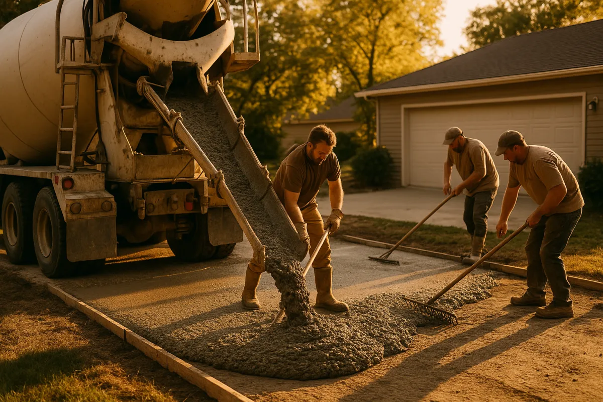 A ready-mix truck delivering concrete down a chute to a residential pour
