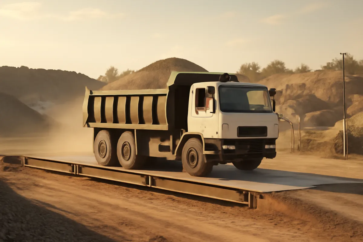 A dump truck loaded with aggregate driving over a weighbridge scale at a supply yard in warm afternoon light