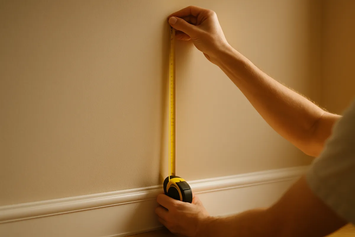 Hands holding a tape measure extended vertically against a bare interior wall