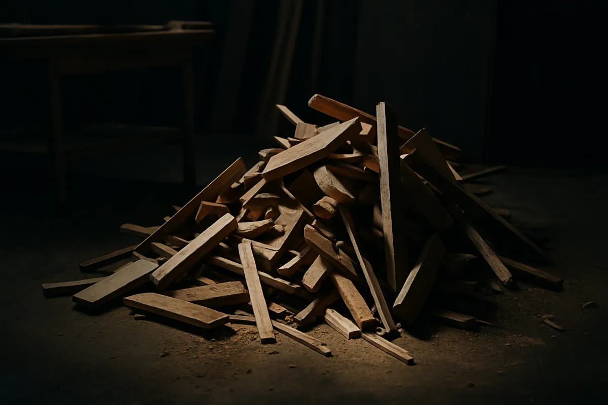 A pile of offcut wood scraps and leftover material beside a work area