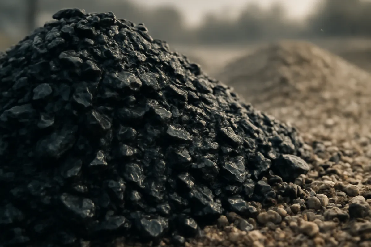 A pile of crushed stone glistening wet and dark beside a drier, lighter gravel surface