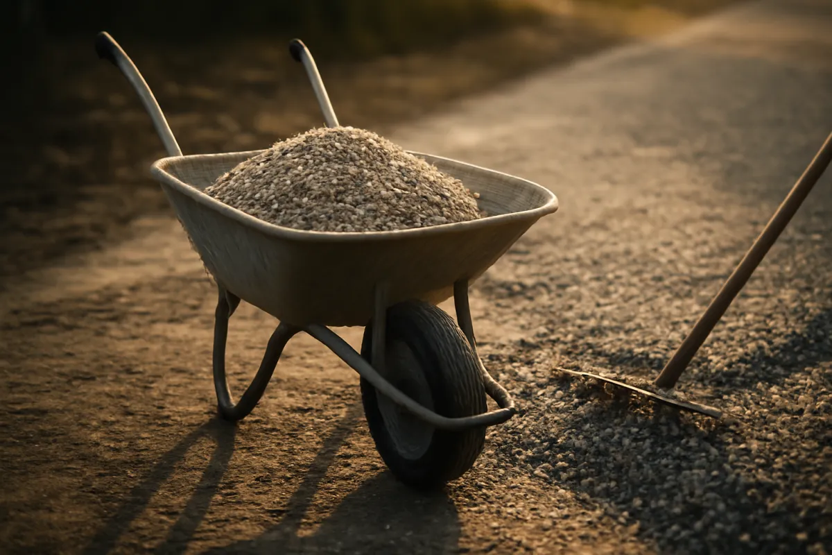 A wheelbarrow full of gravel beside a partly spread gravel driveway with a rake in warm evening light